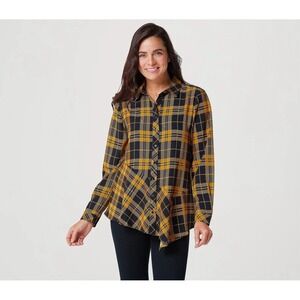 Susan Graver Printed Stretch Woven Button-Front Top Gold Women Size XL